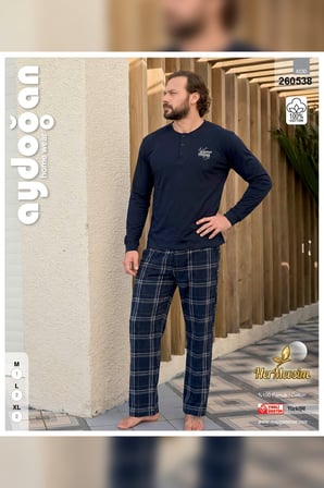 Aydoğan Erkek Pijama Takımı %100 Pamuk Süprem Patlı Yaka Uzun Kol Lacivert Tuna 260538