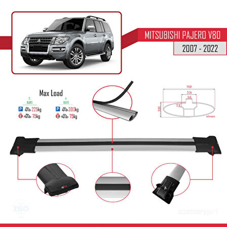 Mitsubishi Pajero (V80) 2007-2022 Arası ile Uyumlu FLY Model Ara Atkı Tavan Barı Gri 3 Adet
