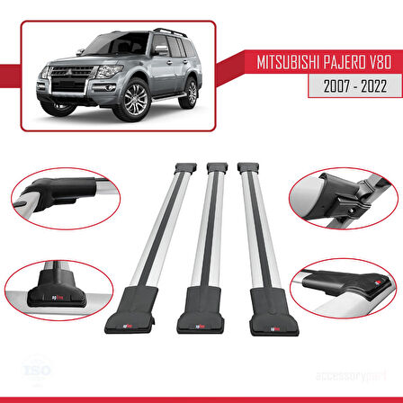 Mitsubishi Pajero (V80) 2007-2022 Arası ile Uyumlu FLY Model Ara Atkı Tavan Barı Gri 3 Adet