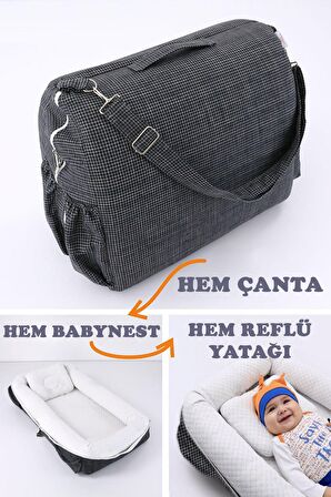 Çantalı Taşınabilir Bebek Reflü Yatağı, Yastığı, Babynest, Anne Çantası Dokuma Kumaş
