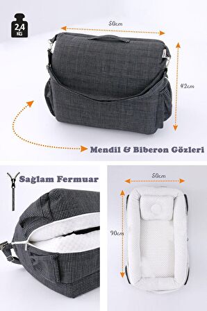 Çantalı Taşınabilir Bebek Reflü Yatağı, Yastığı, Babynest, Anne Çantası Dokuma Kumaş