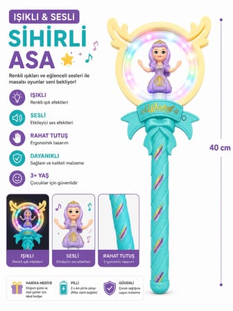 Işıklı ve Sesli Dönen Sihirli Asa – 40 cm Renkli LED Işıklı Oyuncak Asa