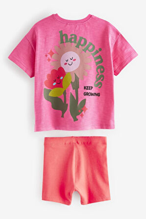 Next Baby Pamuklu Parlak Pembe Çiçek Desenli Kısa Kollu Alt Üst Takım