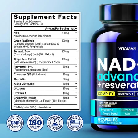 NAD+ Advanced + Resveratrol Complex Urolithin A, coq10, quercetin 60 Kapsül