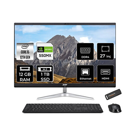 Acer Aspire C27-1751 i5 1240P 12GB 1TB SSD GeForce MX550/2GB 27" FHD FDOS All In One PC Siyah & PE