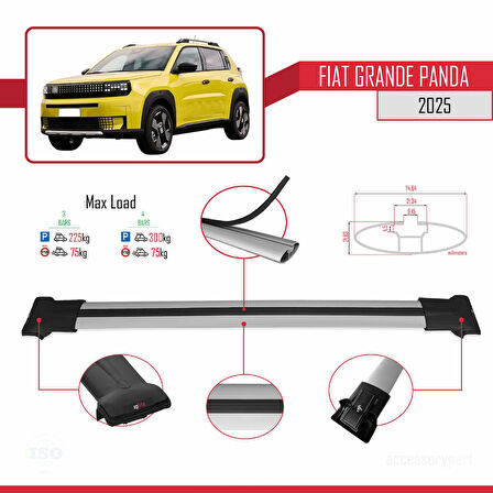 Fiat Grande Panda 2025-2025 Arası ile Uyumlu FLY Model Ara Atkı Tavan Barı Gri 3 Adet