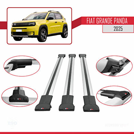 Fiat Grande Panda 2025-2025 Arası ile Uyumlu FLY Model Ara Atkı Tavan Barı Gri 3 Adet