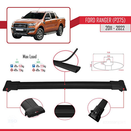 Ford Ranger (P375) 2011-2022 Arası ile Uyumlu FLY Model Ara Atkı Tavan Barı Siyah 2 Adet