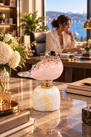 El Yapımı Üfleme Cam Kuş Biblo 17 cm, Pembe Gold Detaylı Dekoratif Kuş Figürü, Şık Ev ve Ofis Dekor