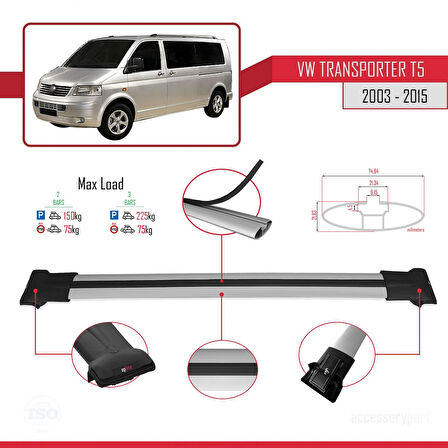 Volkswagen T5 Transporter 2003-2015 Arası ile Uyumlu FLY Model Ara Atkı Tavan Barı Gri 2 Adet