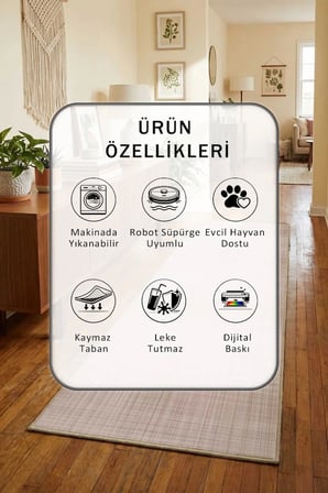 Yıkanabilir Kaymaz Dijital Baskılı Yolluk Halı Tüy Tutmaz Bej