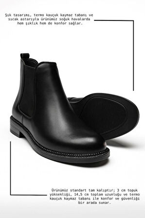  Günlük Kadın Siyah Bot Kalın Oval Burunlu Lastikli Alçak Topuklu Tırtıklı Taban Kısa  Bootie  387