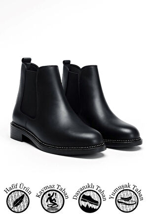  Günlük Kadın Siyah Bot Kalın Oval Burunlu Lastikli Alçak Topuklu Tırtıklı Taban Kısa  Bootie  387