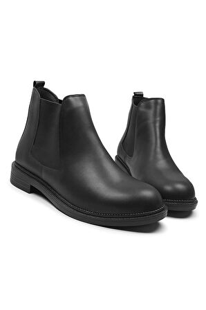  Günlük Kadın Siyah Bot Kalın Oval Burunlu Lastikli Alçak Topuklu Tırtıklı Taban Kısa  Bootie  387