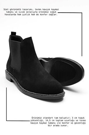  Günlük Kadın Siyah Bot Kalın Oval Burunlu Lastikli Alçak Topuklu Tırtıklı Taban Kısa  Bootie  387