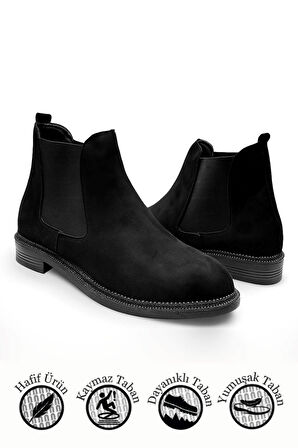  Günlük Kadın Siyah Bot Kalın Oval Burunlu Lastikli Alçak Topuklu Tırtıklı Taban Kısa  Bootie  387