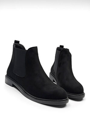  Günlük Kadın Siyah Bot Kalın Oval Burunlu Lastikli Alçak Topuklu Tırtıklı Taban Kısa  Bootie  387