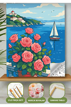 Sayılarla Boyama Seti 40x50 Cm (Çıtalı) Fırça Boya Dahil Numaralı Tuval Balkon Yelken Manzara