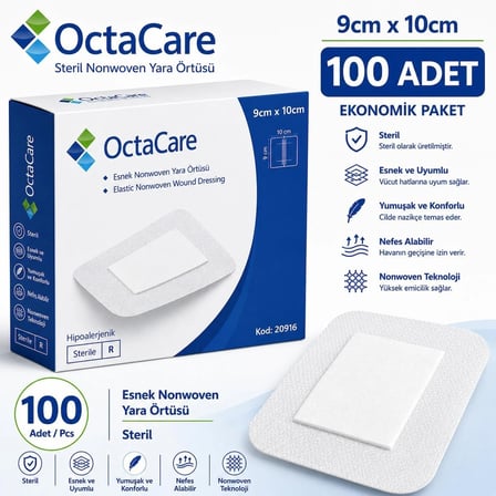 Octacare Esnek Steril Nonwoven Yara Örtüsü 9cm×10cm (100 Adet)