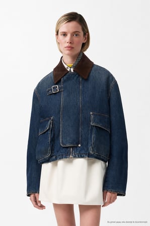 Kadın Denim Trend Jacket Kadife Yaka Relaxed Kot Ceket-00111467