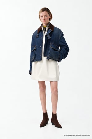 Kadın Denim Trend Jacket Kadife Yaka Relaxed Kot Ceket-00111467