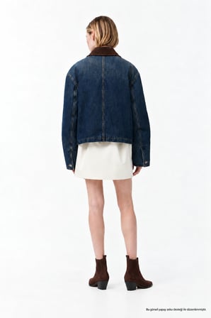 Kadın Denim Trend Jacket Kadife Yaka Relaxed Kot Ceket-00111467