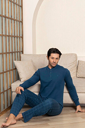 Erkek 3 Düğmeli Ekose Desenli Pamuk Likra Mevsimlik Uzun Kol Manşetli Cepli Pijama Takımı