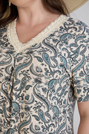 Wearon Kadın Beliz Büyük Beden Dantelli Kısa Kollu Turkuaz Elbise