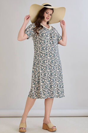 Wearon Kadın Beliz Büyük Beden Dantelli Kısa Kollu Turkuaz Elbise