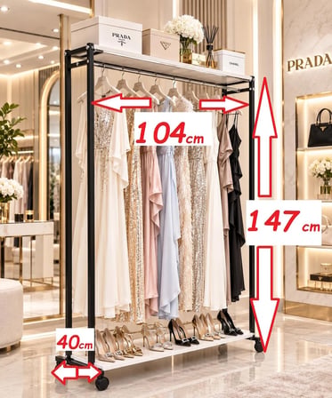 Premium 147 cm Çelik Konfeksiyon 104 cm En Elbise Askılık Tekerlekli Demonte Eşek Portmanto