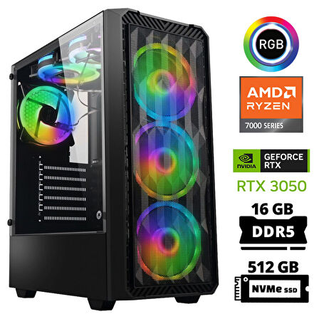 Xaser Delux X27 Ryzen 5 7500F 16GB DDR5 Ram 512GB M.2 NVMe SSD 6GB RTX3050 Masaüstü Oyuncu Bilgisayarı