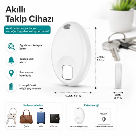 iOS Uyumlu GPS Takip Cihazı – Anahtarlık ve Çanta Takip Aparatı – Gerçek Zamanlı Konum Takibi – Uzun Pil Ömrü