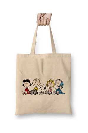 Snoopy And Friend Being Lazy Beyaz Bez Çanta Uzun Saplı Alışveriş Çantası Plaj Çantası