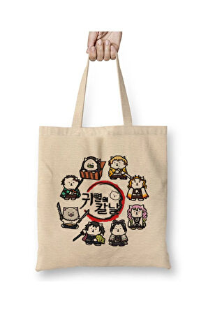 Demon Slayer İblis Keser Karakterler Beyaz Bez Çanta Uzun Saplı Alışveriş Çantası Plaj Çantası