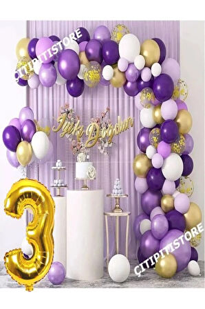 Mor Lila Beyaz Gold Balon Zinciri Seti Gölge Mor Altın Balon Dekorasyon