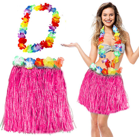 Hawaii Luau Aloha Pembe Püsküllü 40 cm Etek ve Hawaii Kolye Seti (3877)