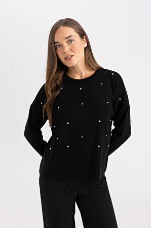 DeFacto Regular Fit Bisiklet Yaka Taşlı Siyah Triko Kazak R0726AZ24WNBK27