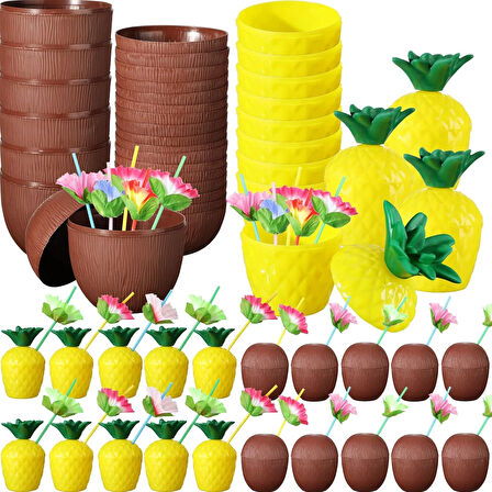 Tropikal Parti Bardak Seti - Ananas Ve Hindistan Cevizi Şekilli Pipetli Bardaklar (20 Adet)