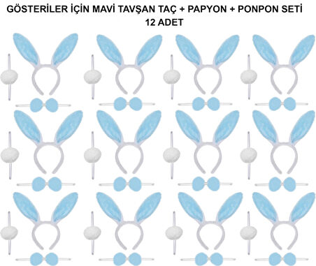 Mavi Tavşan Kostüm Seti - Taç, Papyon, Ponpon (12 li Paket)