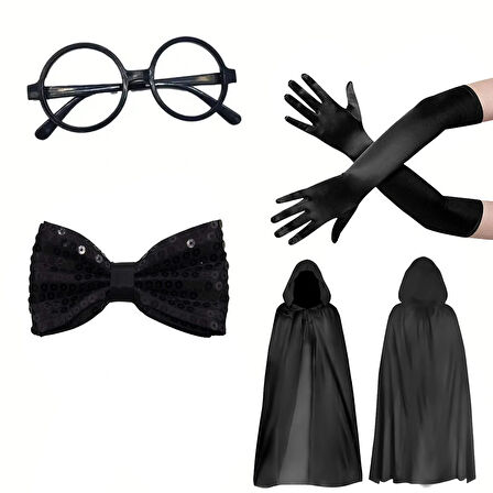 Siyah Kapüşonlu Büyücü Ve Cadı Pelerin Kostüm Seti (4 Parça)