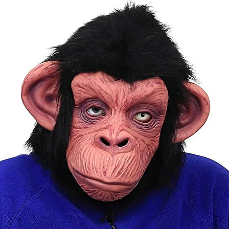 Siyah Saçlı Kafaya Tam Geçmeli Lateks Şempanze Maskesi - Lateks Maymun Orangutan Goril Maske Et Maske