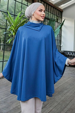 Düğme Detaylı Şık Tasarımlı Mavi Şal Yaka Panço