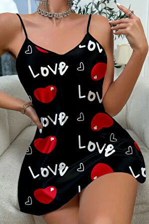 Love Desenli Siyah Saten Gecelik