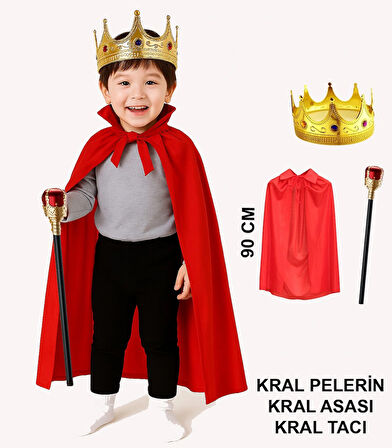 Çocuk Kral Kostüm Seti - Kırmızı Pelerin, Taç Ve Asa (90 Cm)