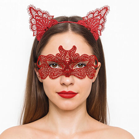 Ateş Kırmızısı Dantel Taç Ve Maske Seti 10 No - Maskeli Balo & Özel Gün Seti
