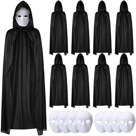 120 Cm Siyah Kapüşonlu Pelerin Ve Boyanabilir Karton Maske 8 li Set