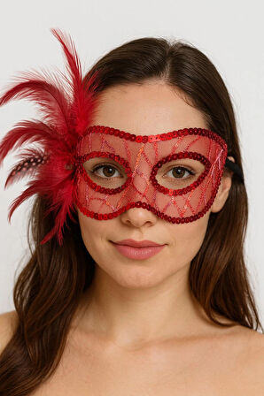 Kırmızı Renk Yandan Tüylü Pul Payet İşlemeli Parti Maskesi 23x12 Cm