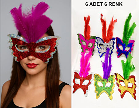 Renkli Parti Maskesi 6&#39;lı | Tüylü Karton Maske Seti (lastikli)