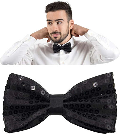 Gece Işıltısı Siyah Payetli Pullu Papyon 7x2 Cm