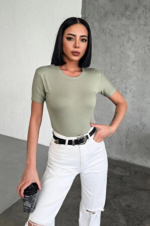 Rahat Ve Şık Kısa Kollu Bisiklet Yaka Likralı Viskon Penye Body Haki